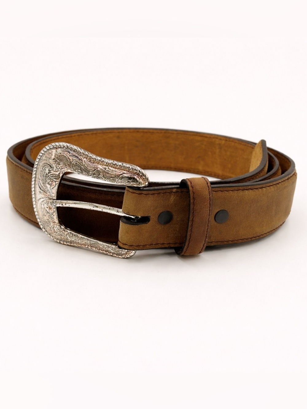 Ranger Belt Co Brown Leather Western Belt Silver Engraved Buckle 46